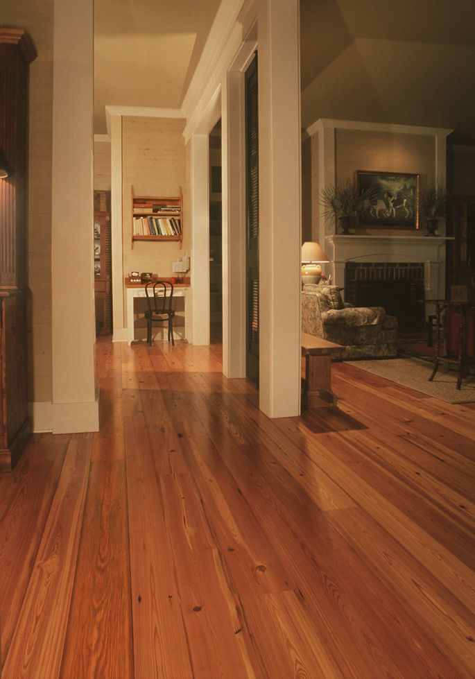 Antique Reclaimed Heart Pine solid wood flooring in a low country home